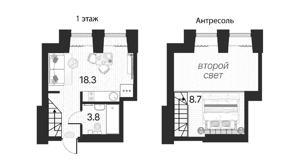 Планировка: 2-х этажный апартамент-студия в Serebro by Avenue Apart